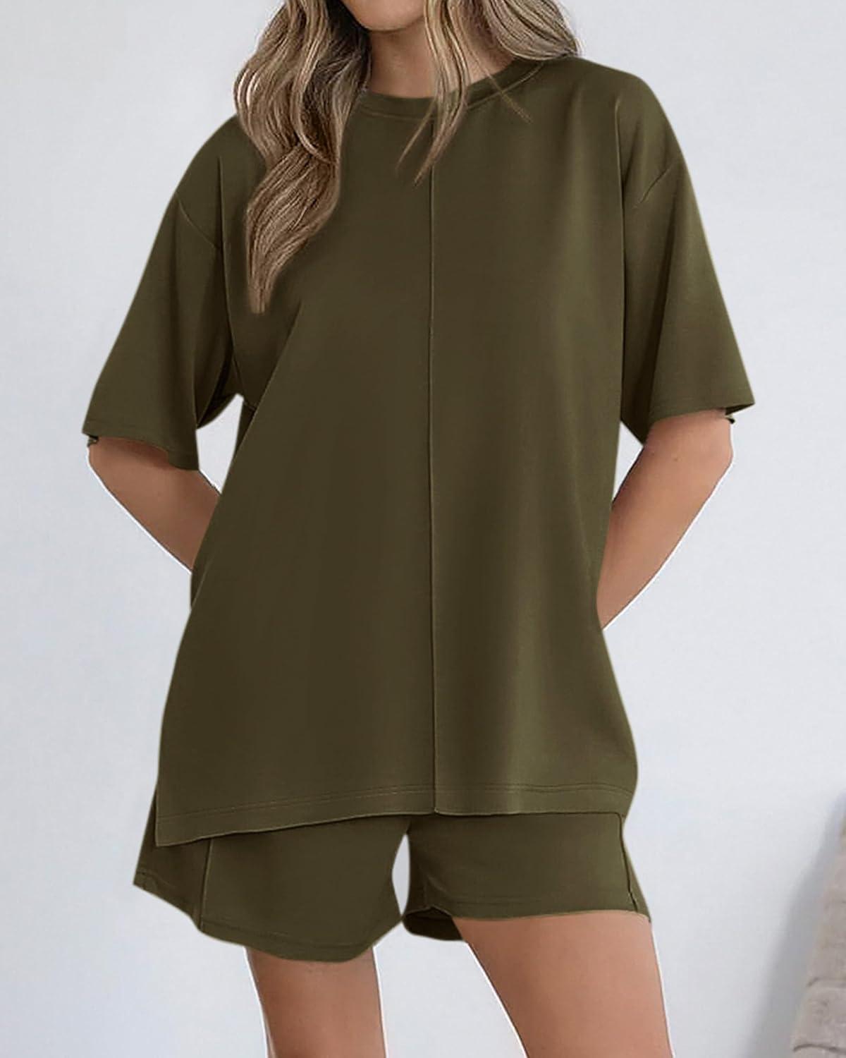 imageBTFBM Casual 2 Piece Sets For Women Summer 2026 Short Sleeve Tops Shorts Spring Lounge Matching Workout Airport OutfitsArmy Green