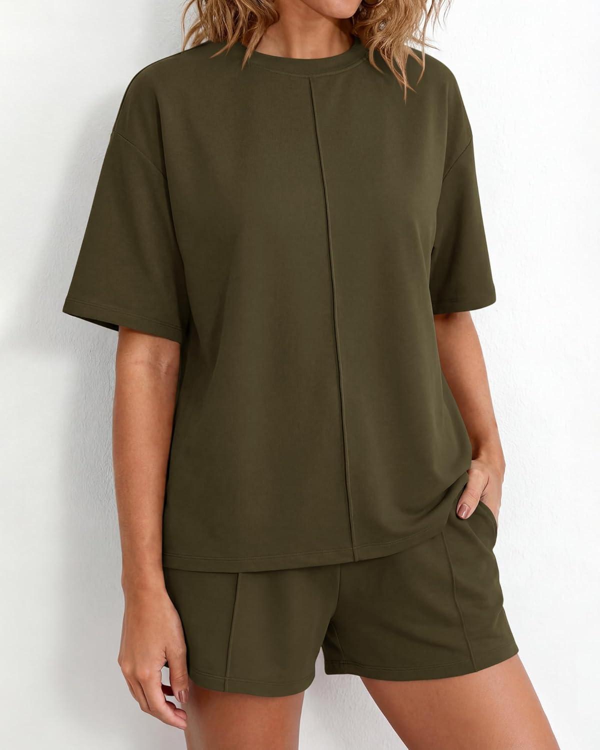 imageBTFBM Casual 2 Piece Sets For Women Summer 2026 Short Sleeve Tops Shorts Spring Lounge Matching Workout Airport OutfitsArmy Green