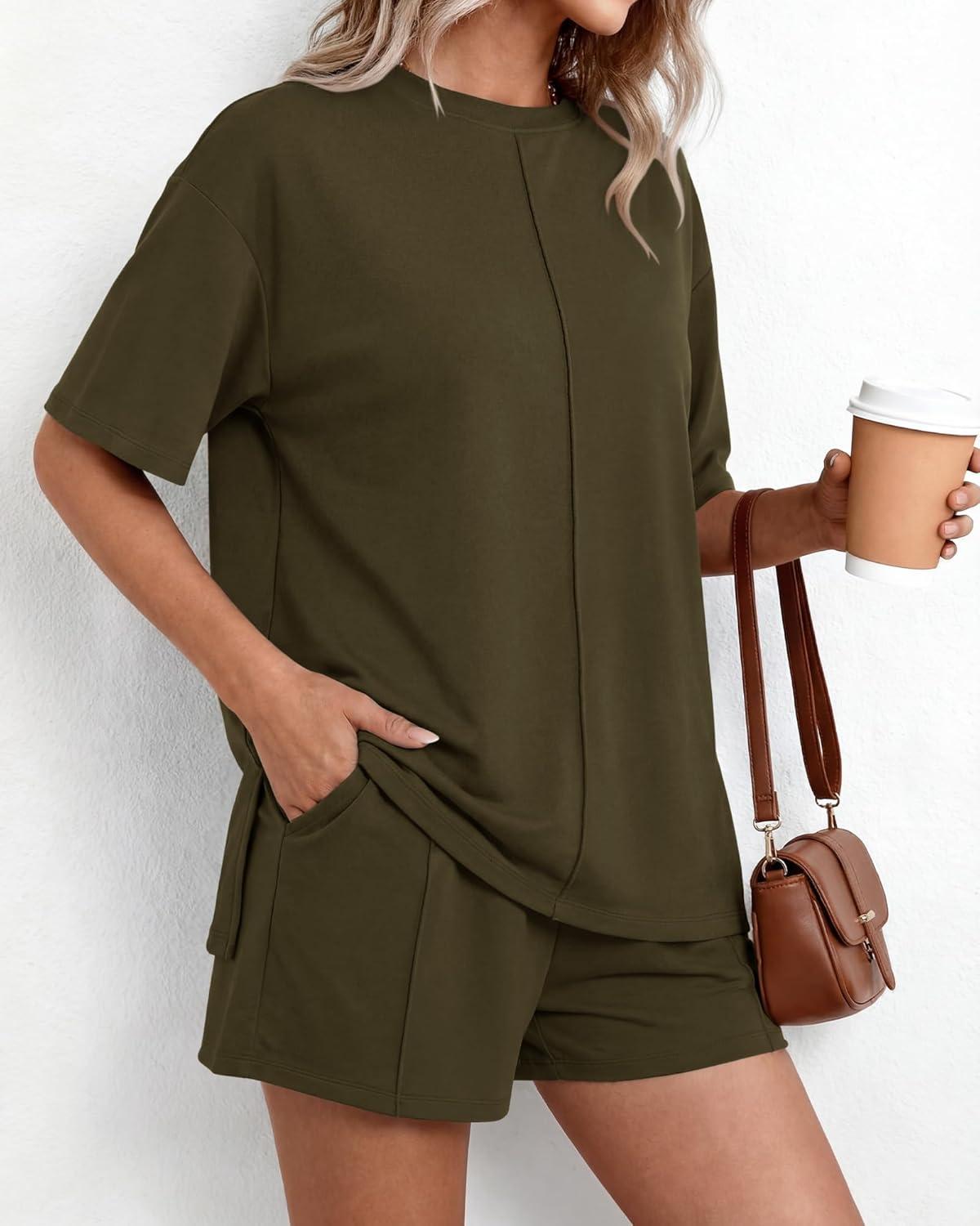 imageBTFBM Casual 2 Piece Sets For Women Summer 2026 Short Sleeve Tops Shorts Spring Lounge Matching Workout Airport OutfitsArmy Green