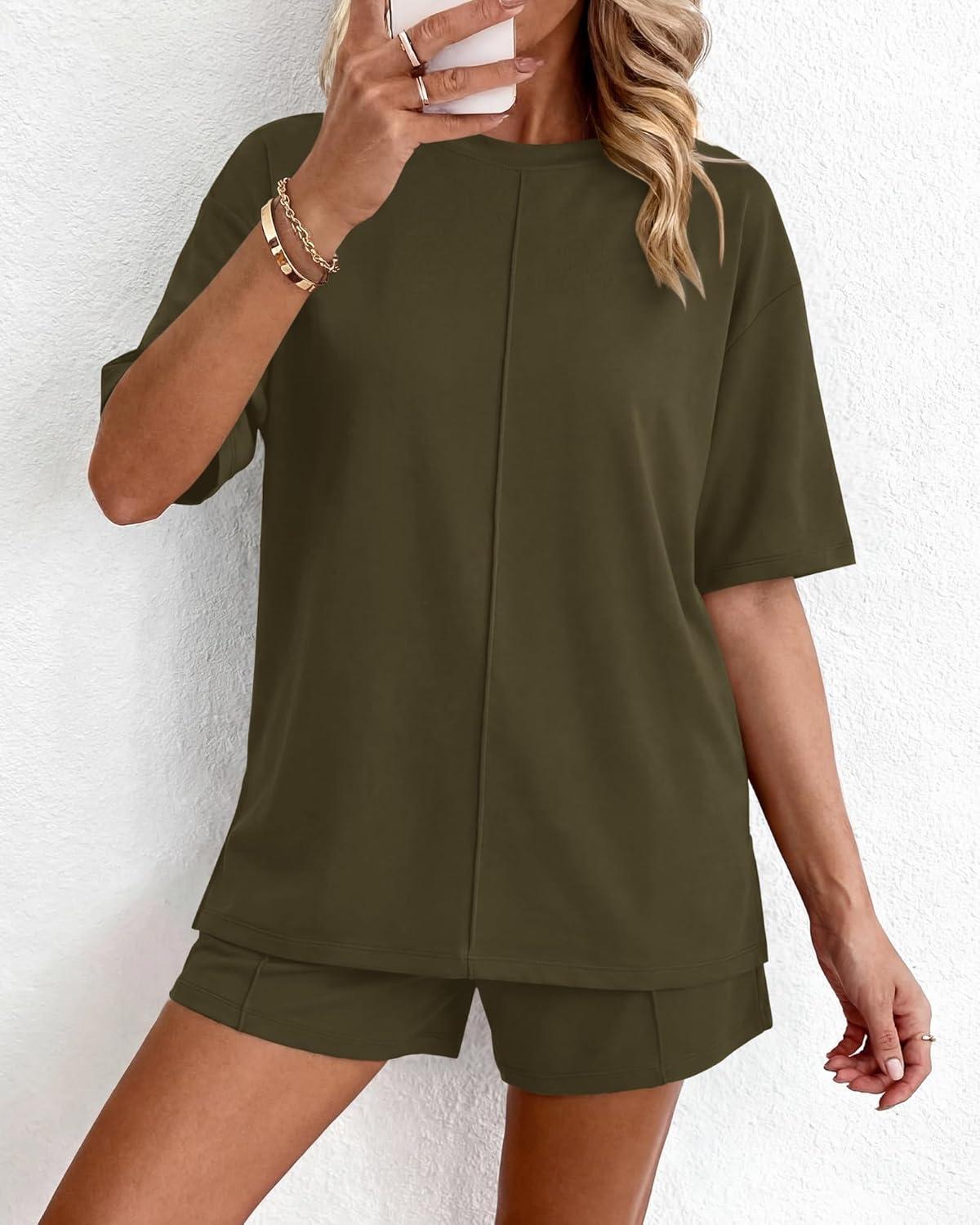 imageBTFBM Casual 2 Piece Sets For Women Summer 2026 Short Sleeve Tops Shorts Spring Lounge Matching Workout Airport OutfitsArmy Green