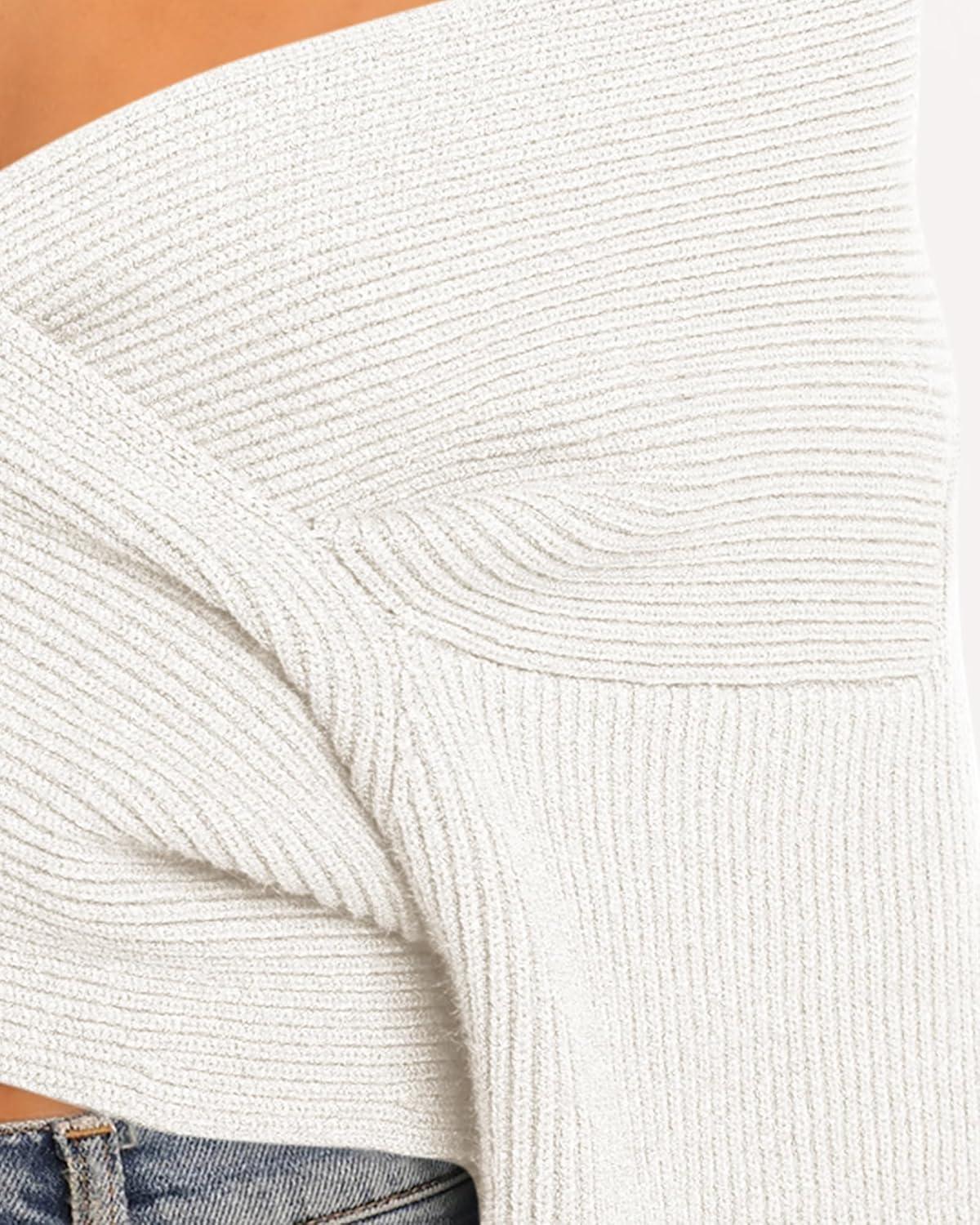 imageBTFBM Off The Shoulder Sweater for Women Winter Fall Fashion 2025 V Neck Long Sleeve Ribbed Knit Wrap Cropped Sweaters
