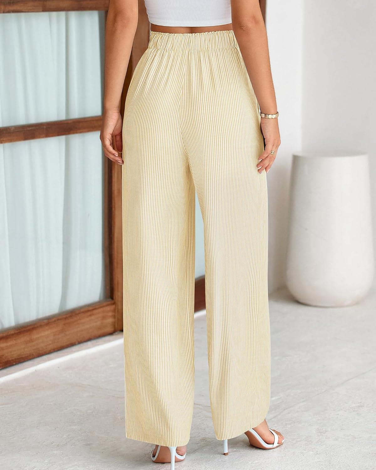 imageBTFBM Pants for Women 2026 Spring Clothes Striped High Waist Tie Knot Dressy Casual Wide Leg Palazzo Work Trousers PantsApricot