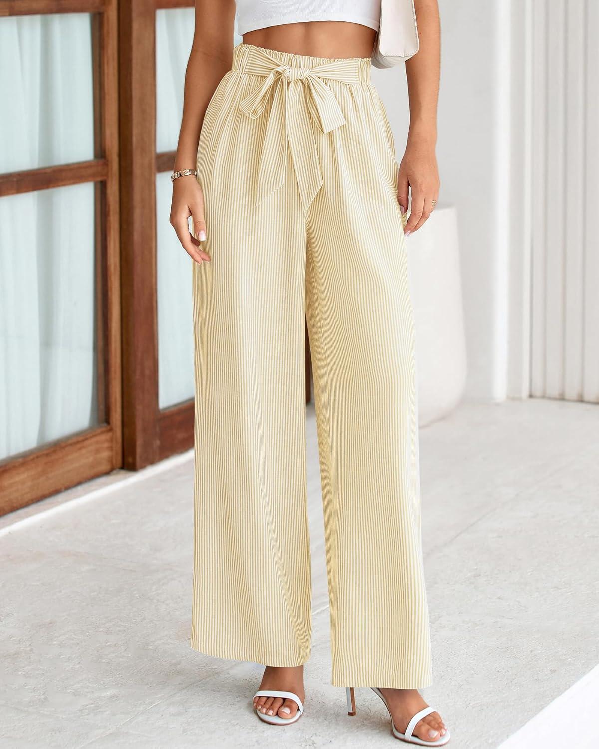 imageBTFBM Pants for Women 2026 Spring Clothes Striped High Waist Tie Knot Dressy Casual Wide Leg Palazzo Work Trousers PantsApricot