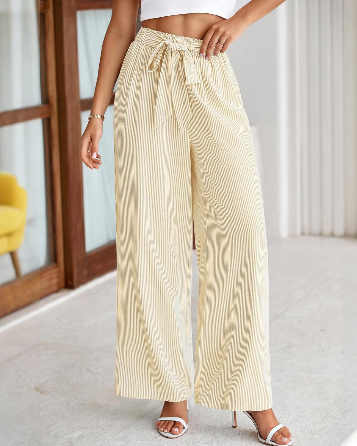 imageBTFBM Pants for Women 2026 Spring Clothes Striped High Waist Tie Knot Dressy Casual Wide Leg Palazzo Work Trousers PantsApricot