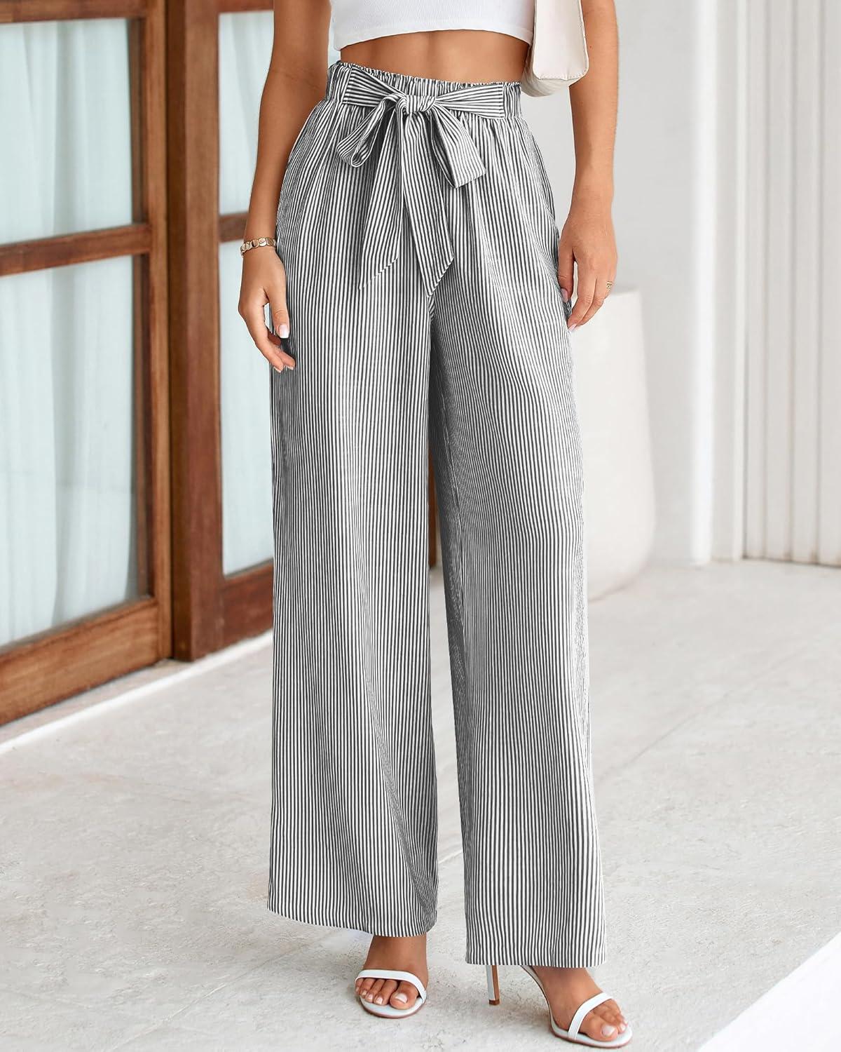 imageBTFBM Pants for Women 2026 Spring Clothes Striped High Waist Tie Knot Dressy Casual Wide Leg Palazzo Work Trousers PantsBlack
