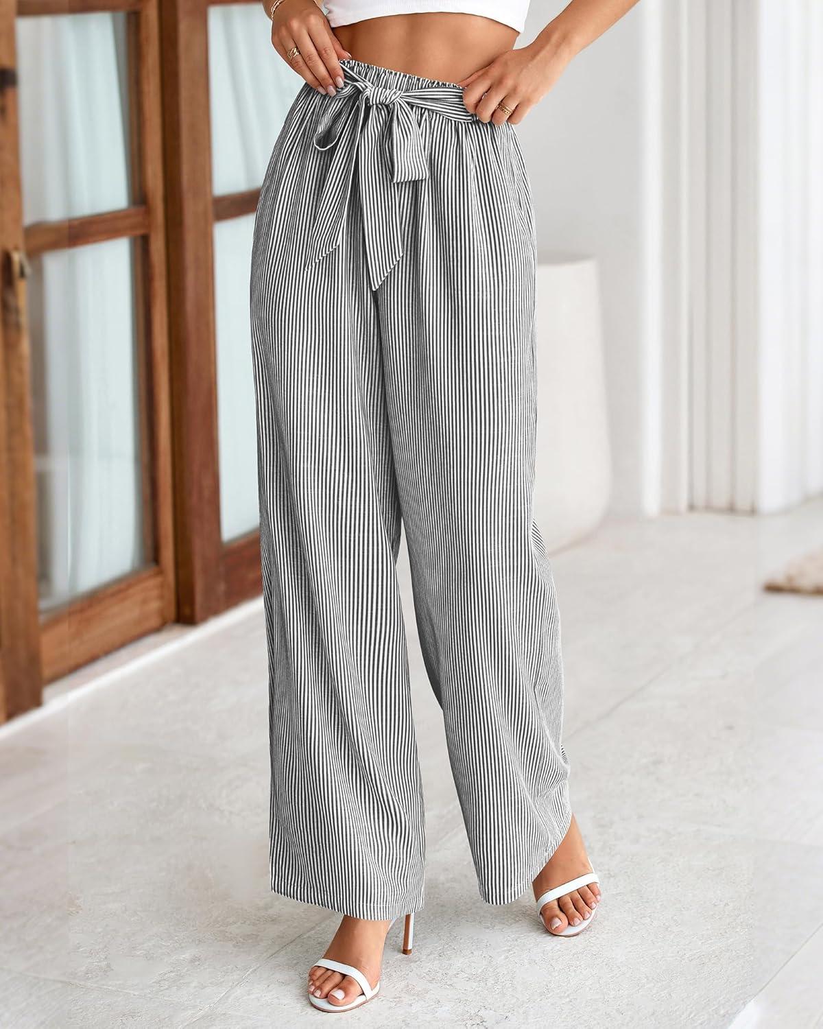 imageBTFBM Pants for Women 2026 Spring Clothes Striped High Waist Tie Knot Dressy Casual Wide Leg Palazzo Work Trousers PantsBlack