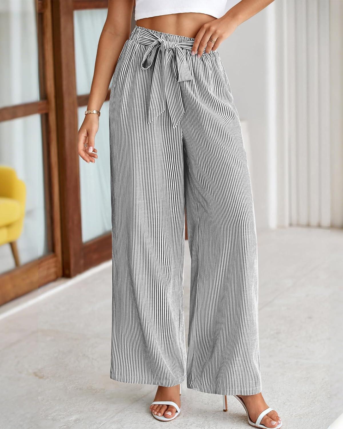 imageBTFBM Pants for Women 2026 Spring Clothes Striped High Waist Tie Knot Dressy Casual Wide Leg Palazzo Work Trousers PantsBlack