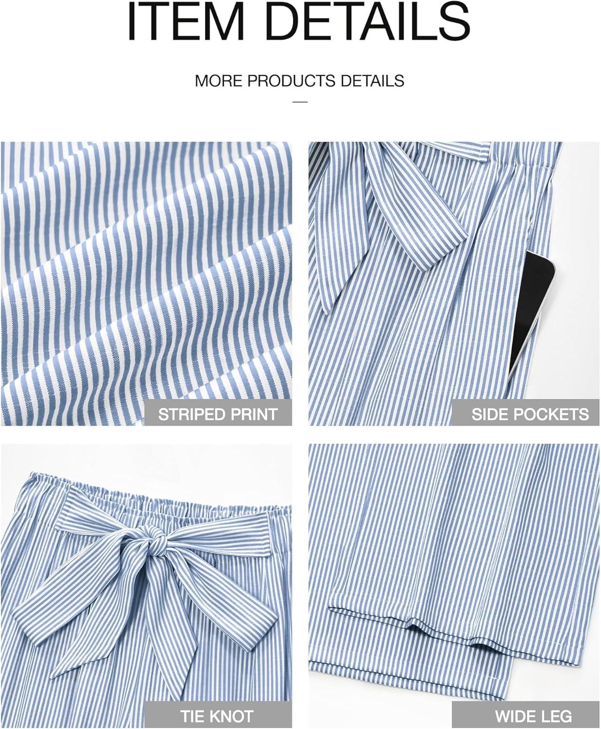 imageBTFBM Pants for Women 2026 Spring Clothes Striped High Waist Tie Knot Dressy Casual Wide Leg Palazzo Work Trousers PantsBlue