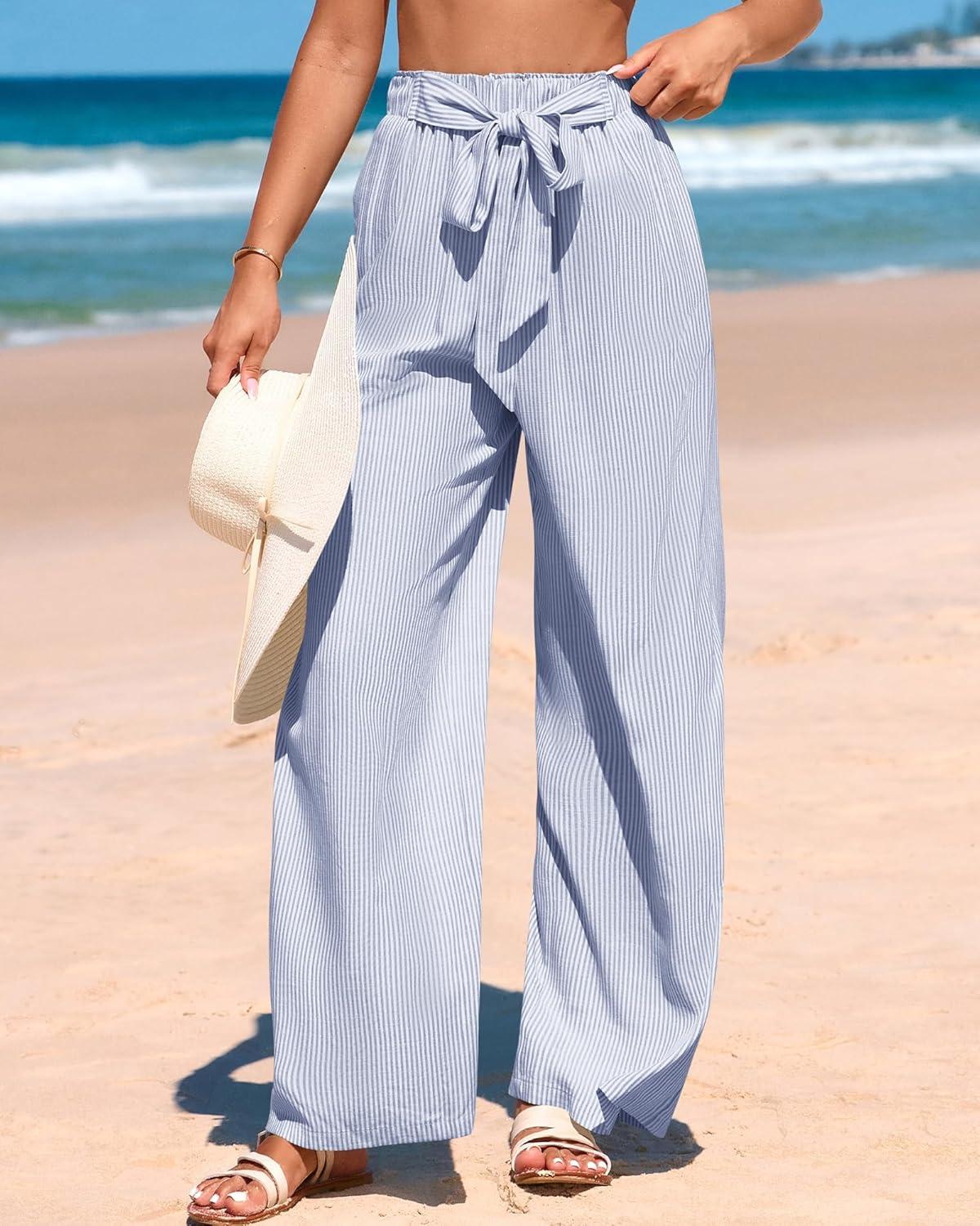 imageBTFBM Pants for Women 2026 Spring Clothes Striped High Waist Tie Knot Dressy Casual Wide Leg Palazzo Work Trousers PantsBlue