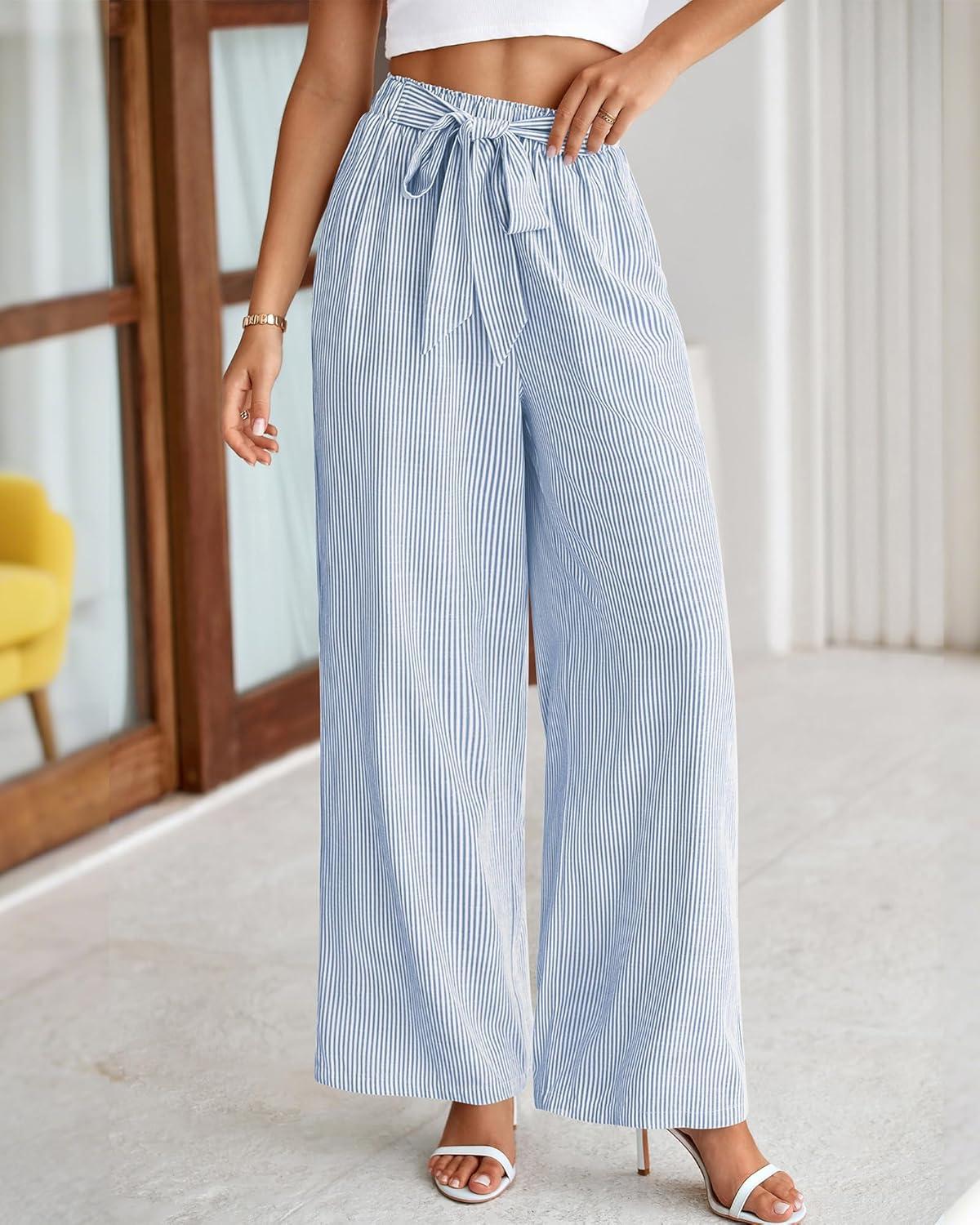 imageBTFBM Pants for Women 2026 Spring Clothes Striped High Waist Tie Knot Dressy Casual Wide Leg Palazzo Work Trousers PantsBlue