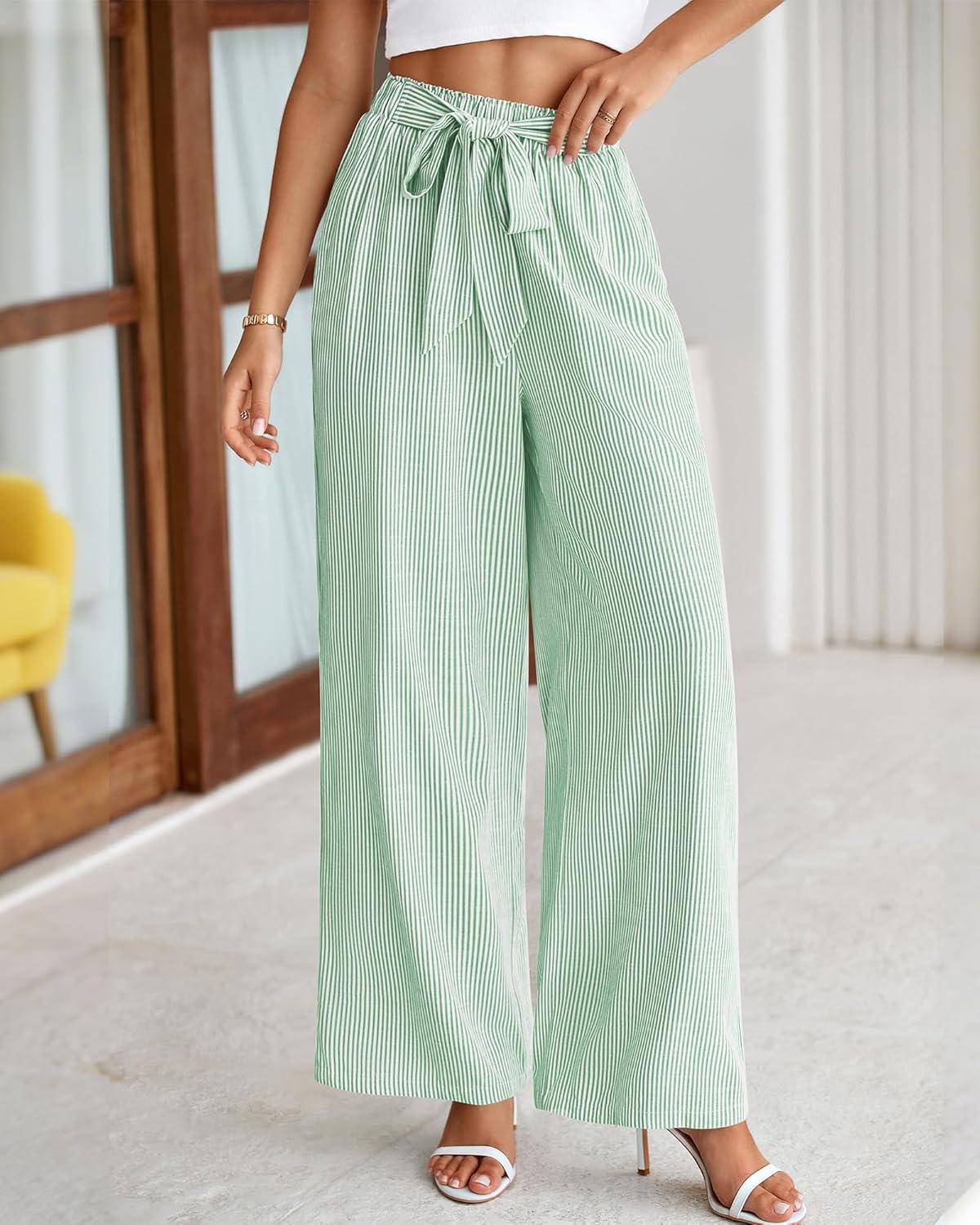 imageBTFBM Pants for Women 2026 Spring Clothes Striped High Waist Tie Knot Dressy Casual Wide Leg Palazzo Work Trousers PantsGreen