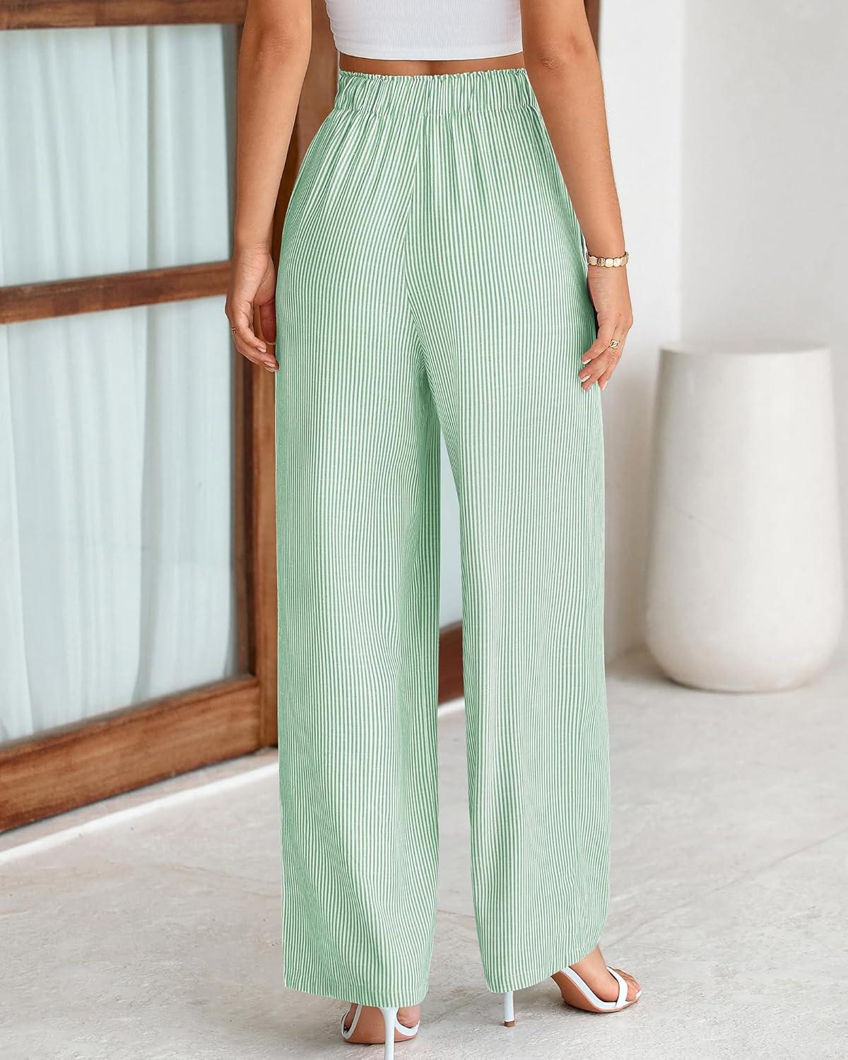 imageBTFBM Pants for Women 2026 Spring Clothes Striped High Waist Tie Knot Dressy Casual Wide Leg Palazzo Work Trousers PantsGreen
