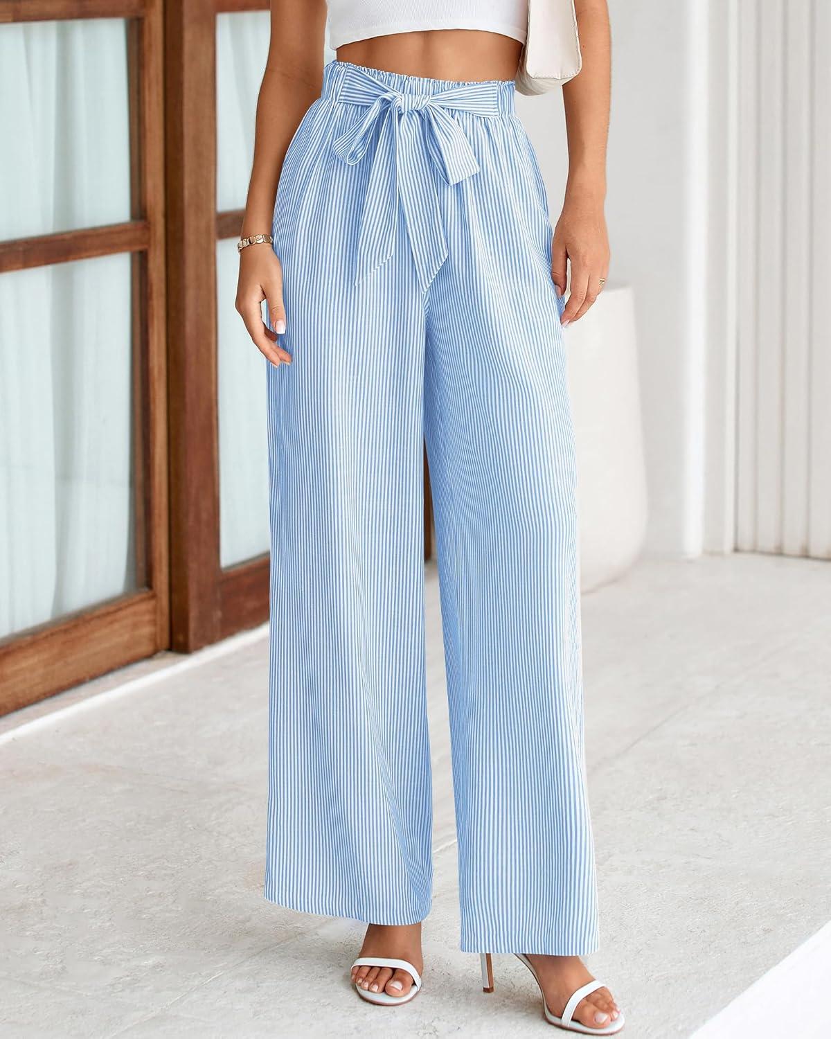 imageBTFBM Pants for Women 2026 Spring Clothes Striped High Waist Tie Knot Dressy Casual Wide Leg Palazzo Work Trousers PantsLight Blue