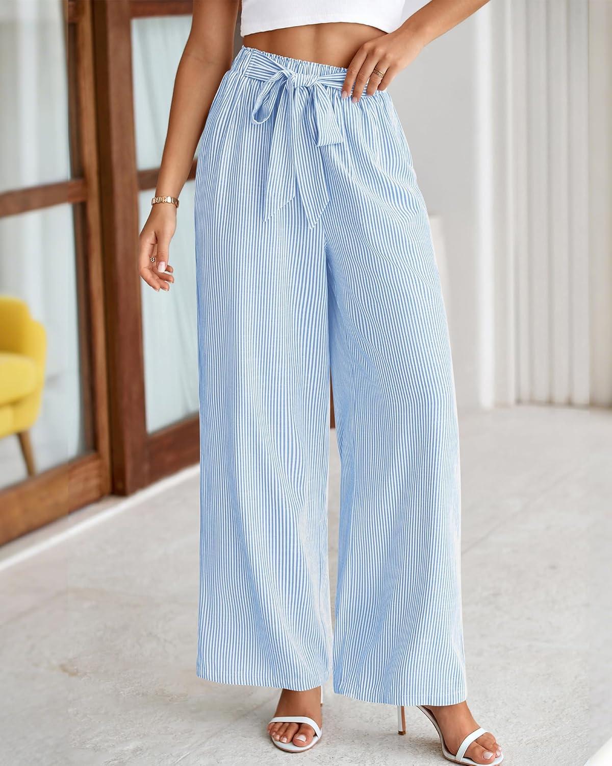 imageBTFBM Pants for Women 2026 Spring Clothes Striped High Waist Tie Knot Dressy Casual Wide Leg Palazzo Work Trousers PantsLight Blue