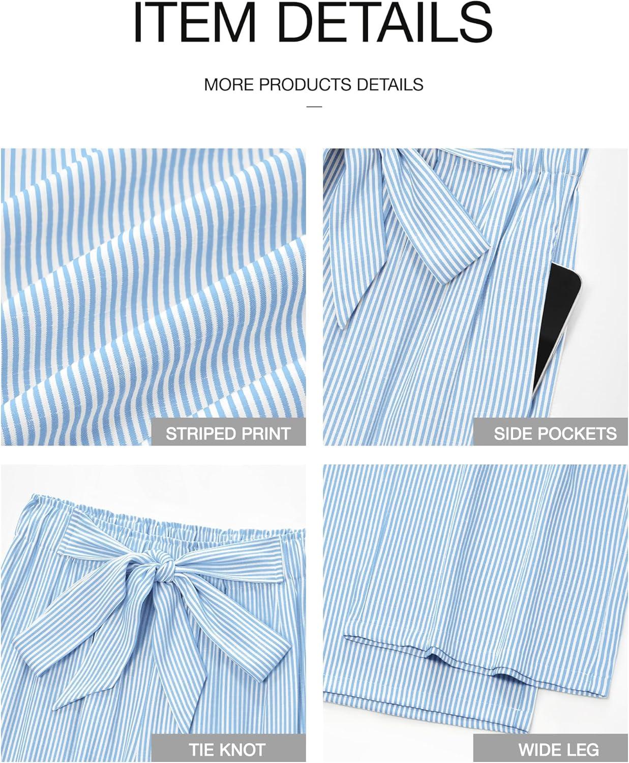 imageBTFBM Pants for Women 2026 Spring Clothes Striped High Waist Tie Knot Dressy Casual Wide Leg Palazzo Work Trousers PantsLight Blue