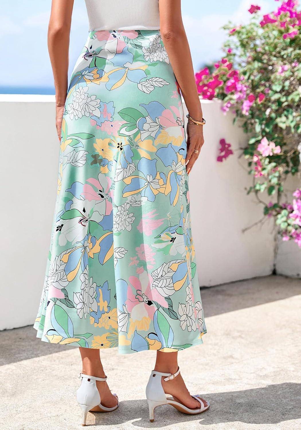 imageBTFBM Satin Skirts for Women Trendy Spring Summer 2026 High Waisted Leopard Print Cocktail Wedding Long Silk Midi SkirtBig Floral Light Blue