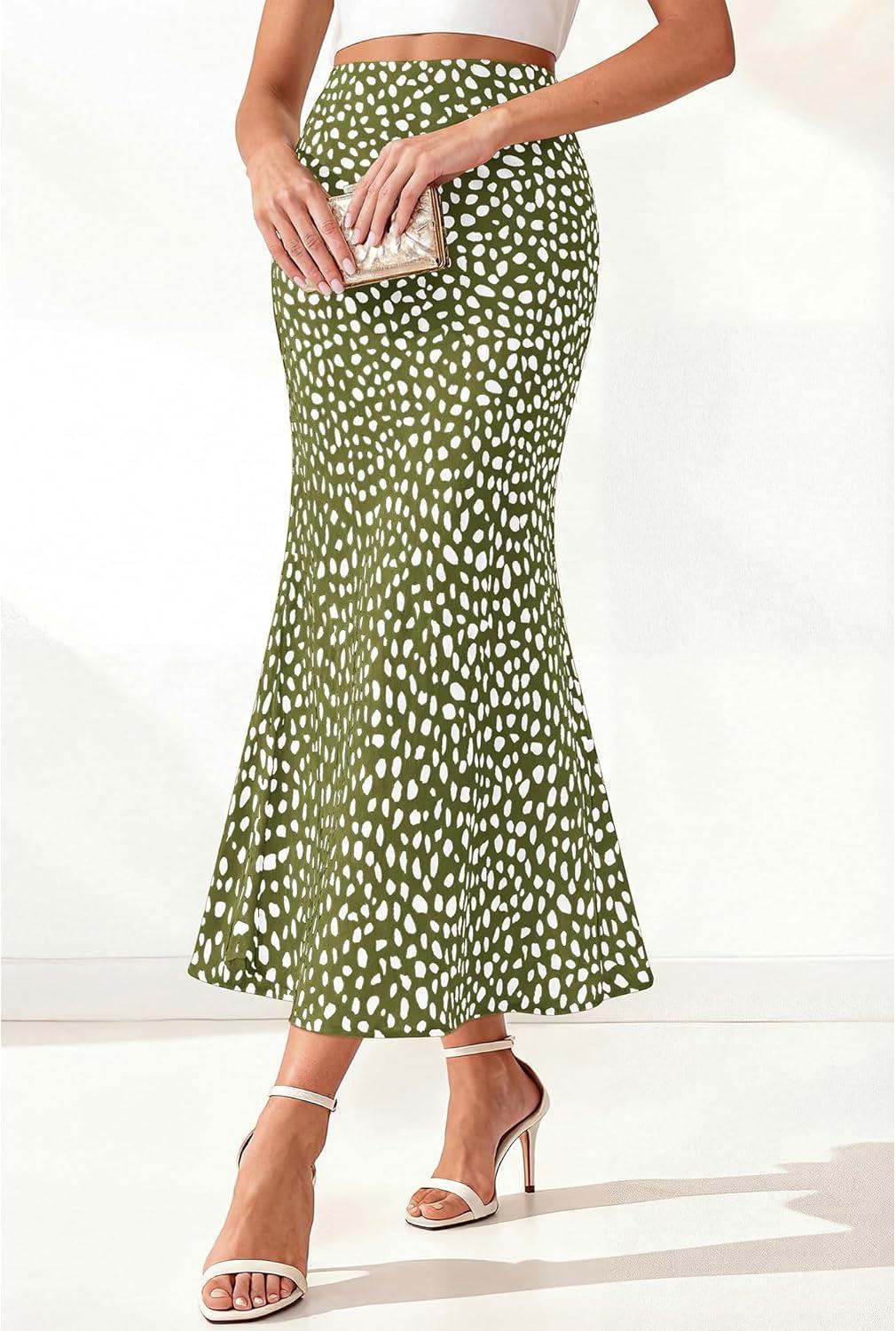 imageBTFBM Satin Skirts for Women Trendy Spring Summer 2026 High Waisted Leopard Print Cocktail Wedding Long Silk Midi SkirtDot Army Green White