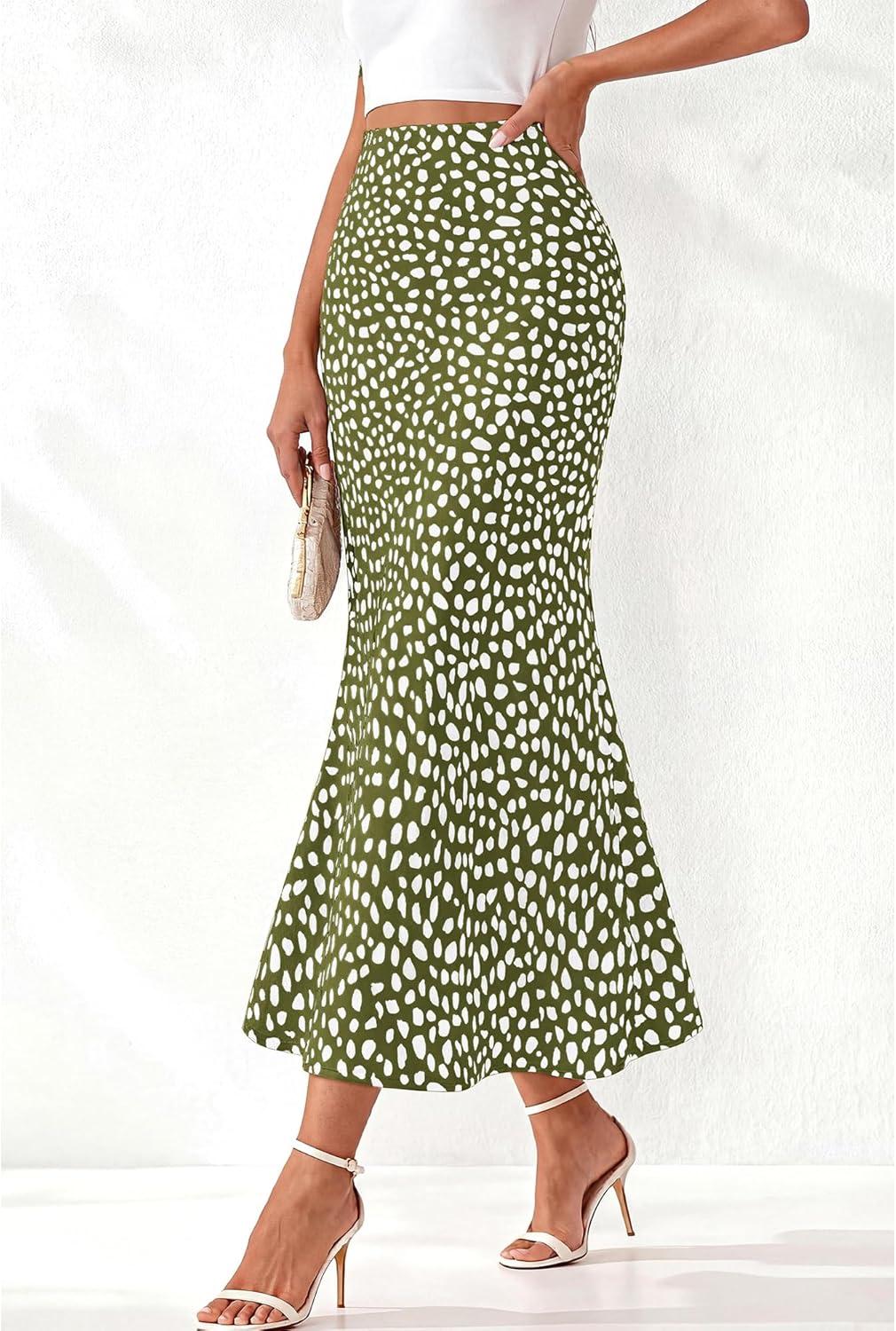 imageBTFBM Satin Skirts for Women Trendy Spring Summer 2026 High Waisted Leopard Print Cocktail Wedding Long Silk Midi SkirtDot Army Green White