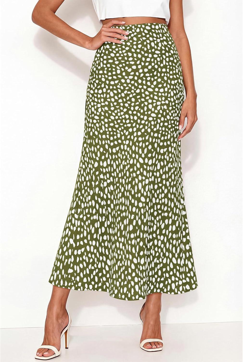 imageBTFBM Satin Skirts for Women Trendy Spring Summer 2026 High Waisted Leopard Print Cocktail Wedding Long Silk Midi SkirtDot Army Green White