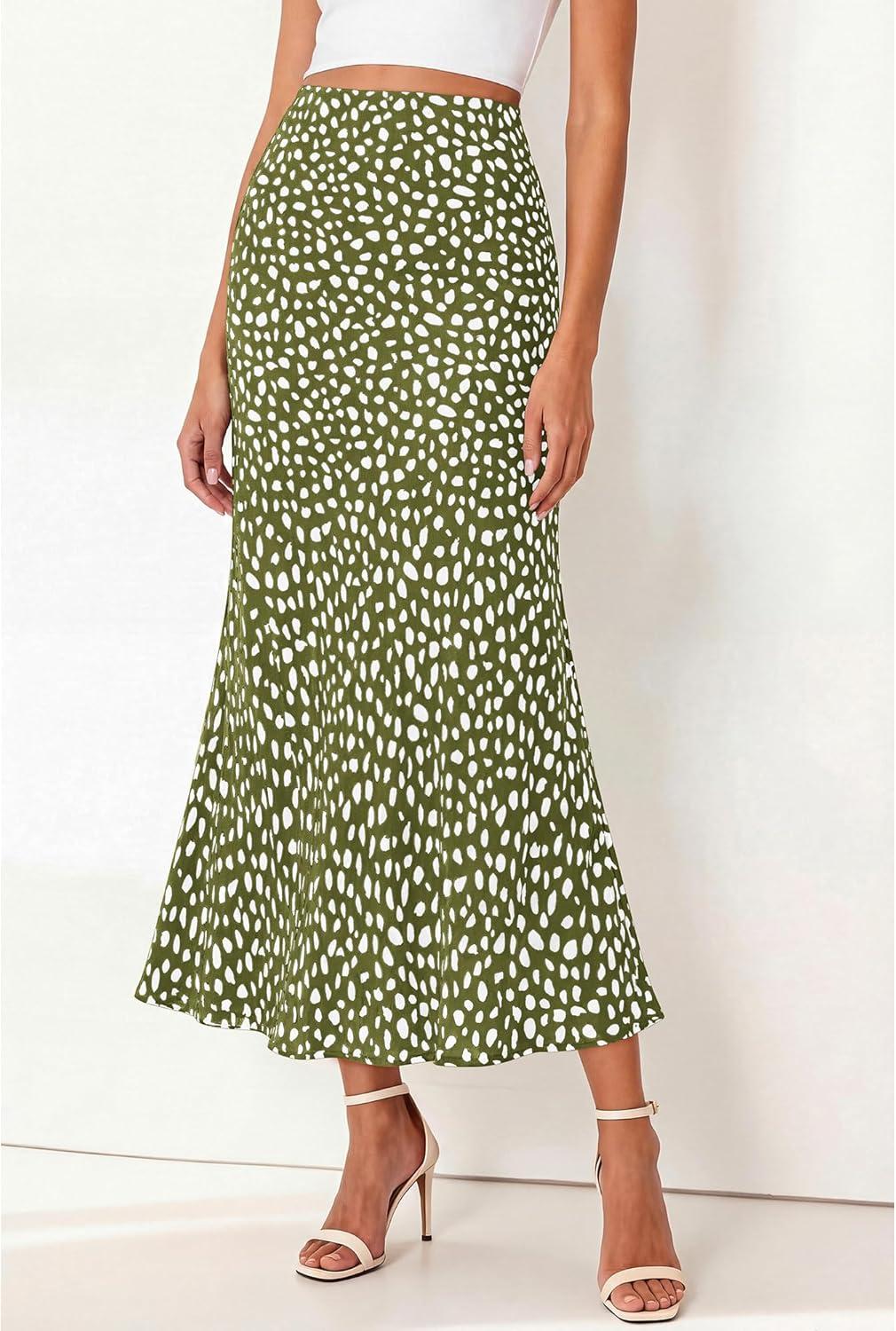 imageBTFBM Satin Skirts for Women Trendy Spring Summer 2026 High Waisted Leopard Print Cocktail Wedding Long Silk Midi SkirtDot Army Green White