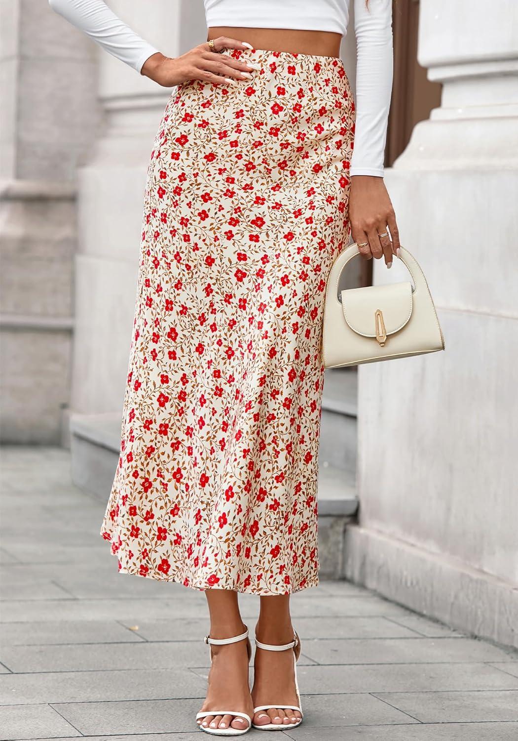 imageBTFBM Satin Skirts for Women Trendy Spring Summer 2026 High Waisted Leopard Print Cocktail Wedding Long Silk Midi SkirtFloral Apricot Red