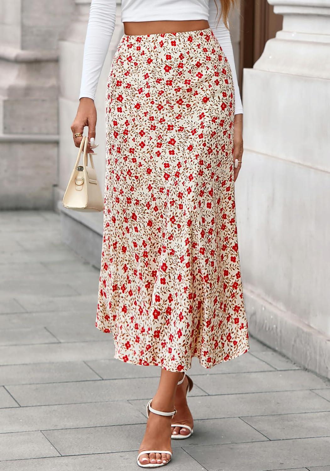 imageBTFBM Satin Skirts for Women Trendy Spring Summer 2026 High Waisted Leopard Print Cocktail Wedding Long Silk Midi SkirtFloral Apricot Red