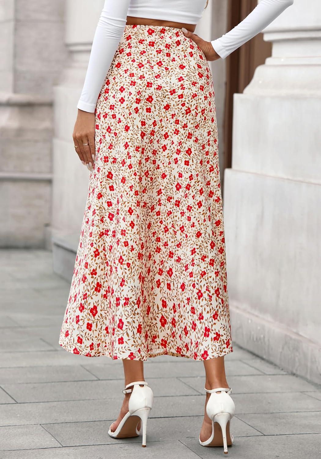 imageBTFBM Satin Skirts for Women Trendy Spring Summer 2026 High Waisted Leopard Print Cocktail Wedding Long Silk Midi SkirtFloral Apricot Red