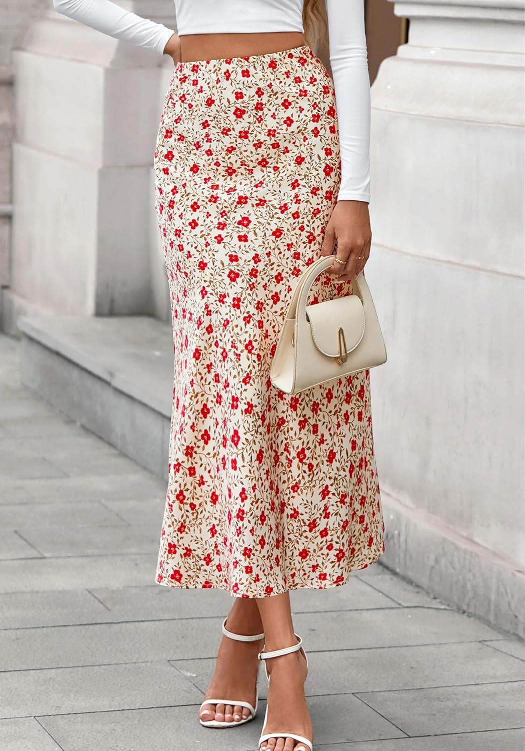 imageBTFBM Satin Skirts for Women Trendy Spring Summer 2026 High Waisted Leopard Print Cocktail Wedding Long Silk Midi SkirtFloral Apricot Red