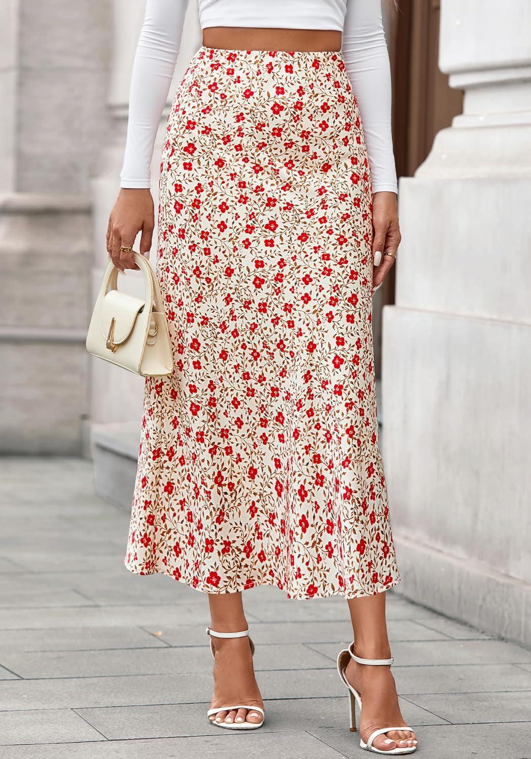 imageBTFBM Satin Skirts for Women Trendy Spring Summer 2026 High Waisted Leopard Print Cocktail Wedding Long Silk Midi SkirtFloral Apricot Red