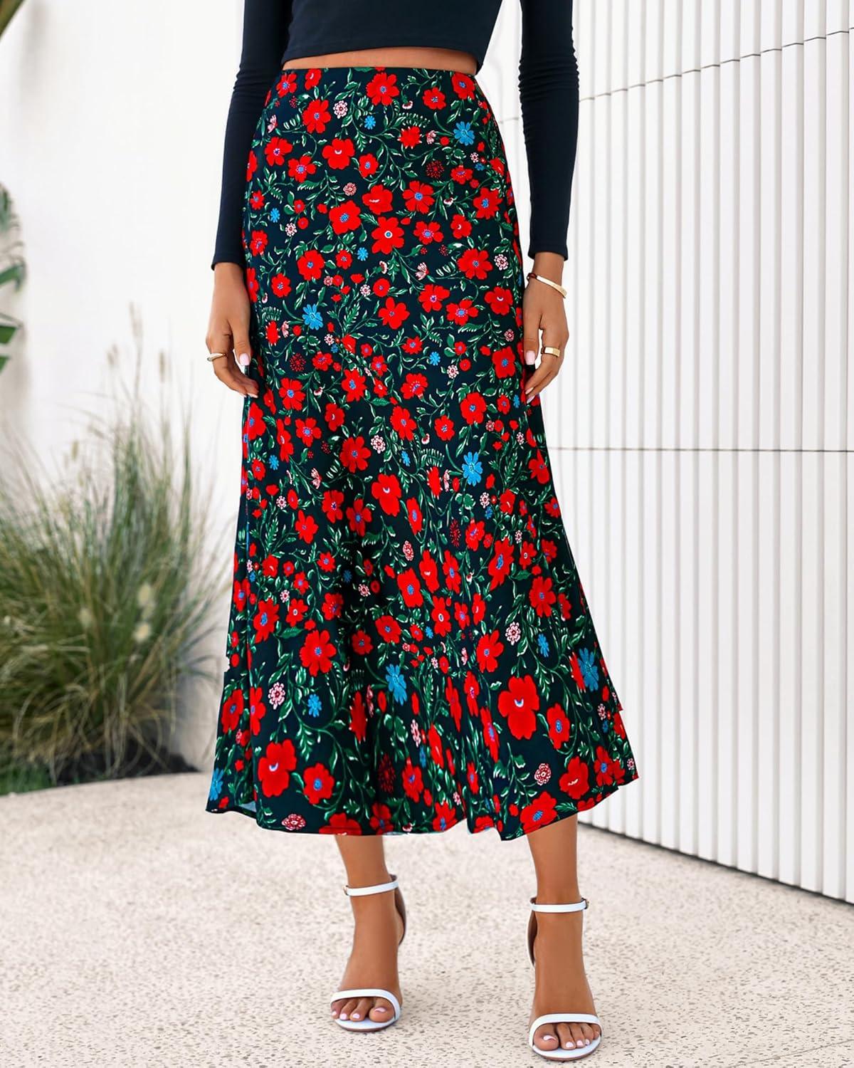 imageBTFBM Satin Skirts for Women Trendy Spring Summer 2026 High Waisted Leopard Print Cocktail Wedding Long Silk Midi SkirtFloral Black Red