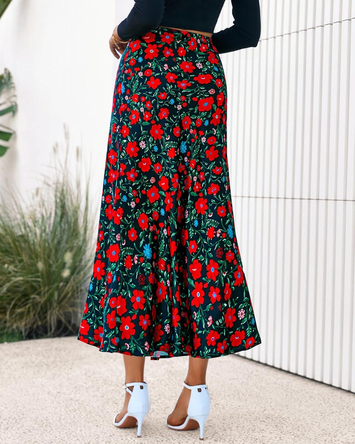 imageBTFBM Satin Skirts for Women Trendy Spring Summer 2026 High Waisted Leopard Print Cocktail Wedding Long Silk Midi SkirtFloral Black Red