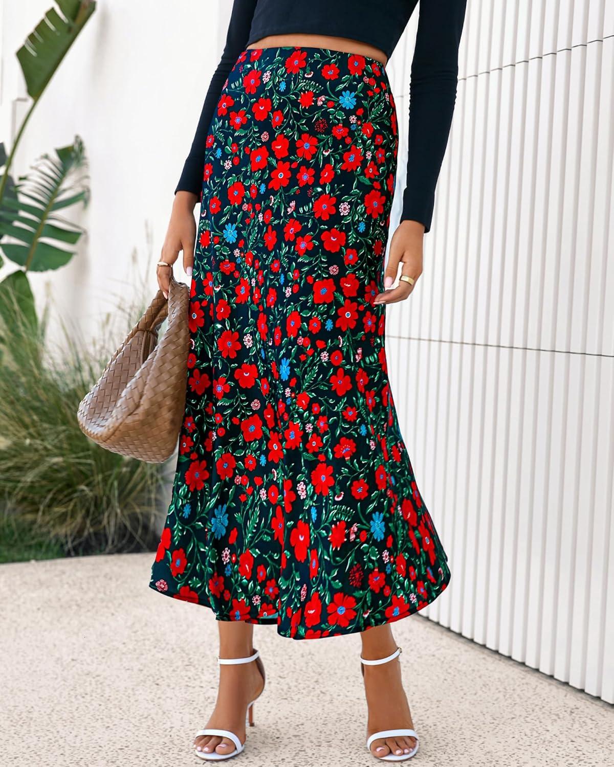 imageBTFBM Satin Skirts for Women Trendy Spring Summer 2026 High Waisted Leopard Print Cocktail Wedding Long Silk Midi SkirtFloral Black Red