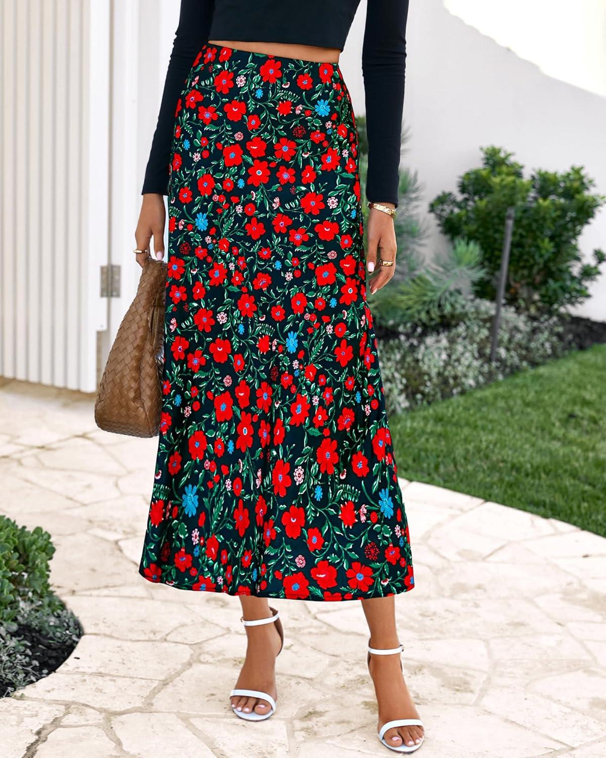 imageBTFBM Satin Skirts for Women Trendy Spring Summer 2026 High Waisted Leopard Print Cocktail Wedding Long Silk Midi SkirtFloral Black Red