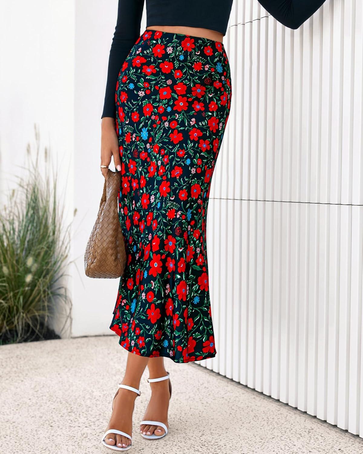 imageBTFBM Satin Skirts for Women Trendy Spring Summer 2026 High Waisted Leopard Print Cocktail Wedding Long Silk Midi SkirtFloral Black Red