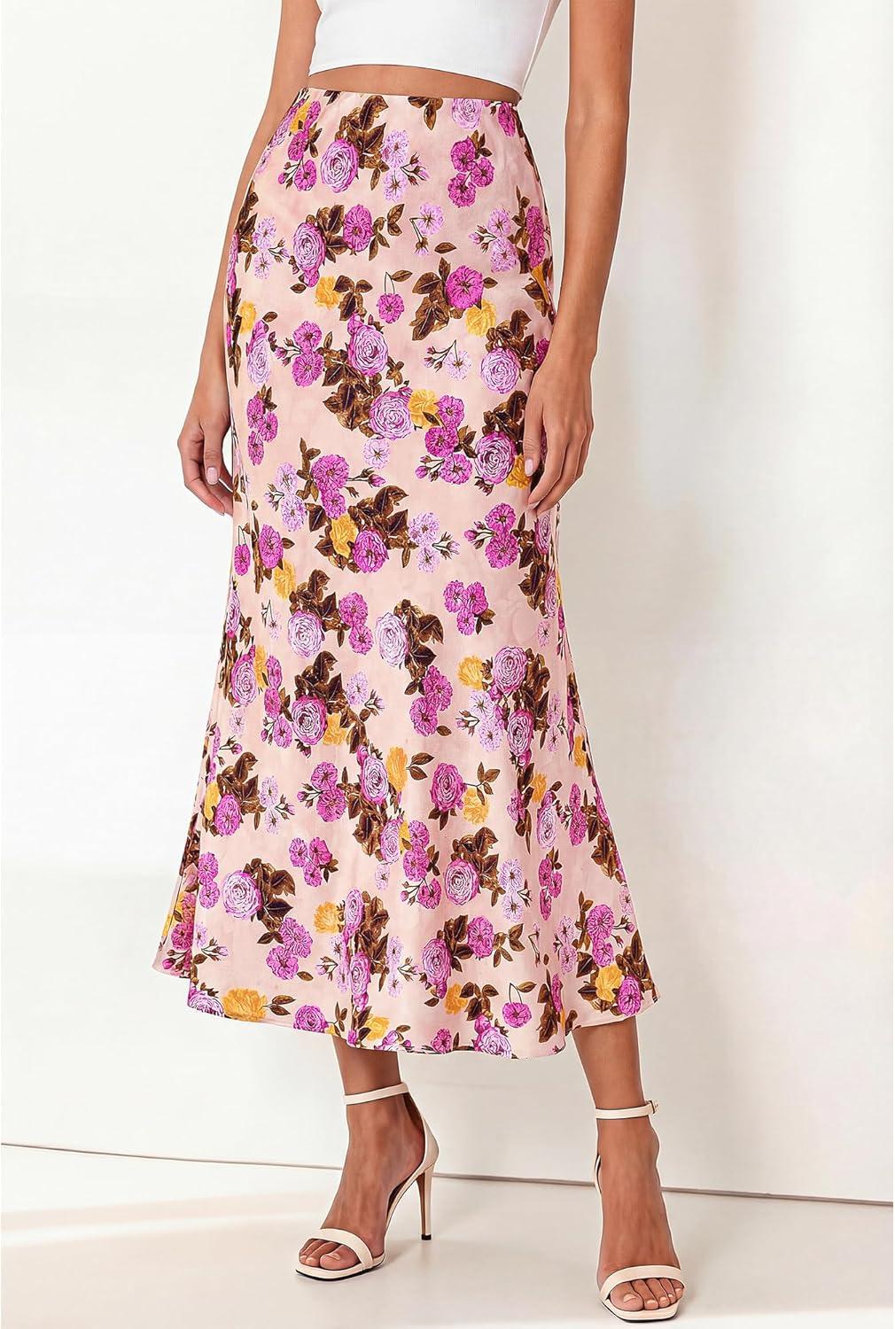 imageBTFBM Satin Skirts for Women Trendy Spring Summer 2026 High Waisted Leopard Print Cocktail Wedding Long Silk Midi SkirtFloral Pink