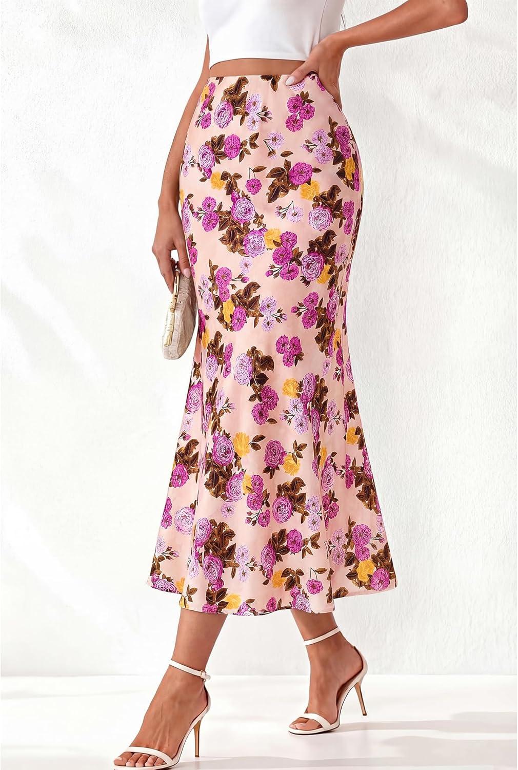 imageBTFBM Satin Skirts for Women Trendy Spring Summer 2026 High Waisted Leopard Print Cocktail Wedding Long Silk Midi SkirtFloral Pink