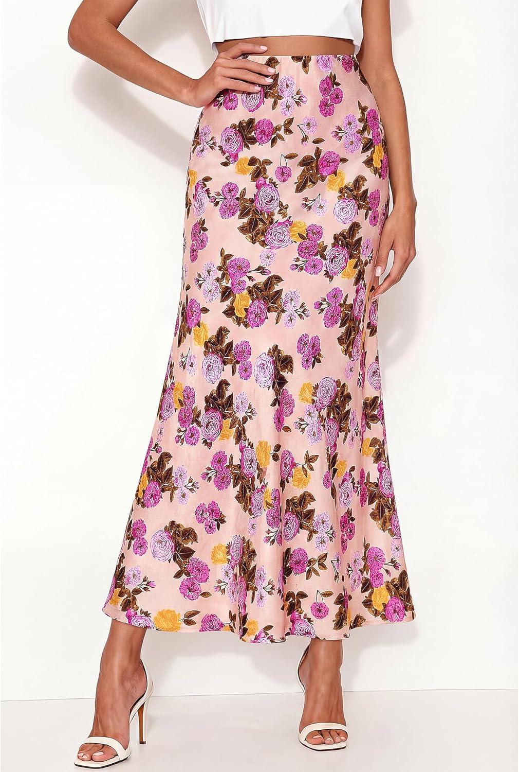 imageBTFBM Satin Skirts for Women Trendy Spring Summer 2026 High Waisted Leopard Print Cocktail Wedding Long Silk Midi SkirtFloral Pink