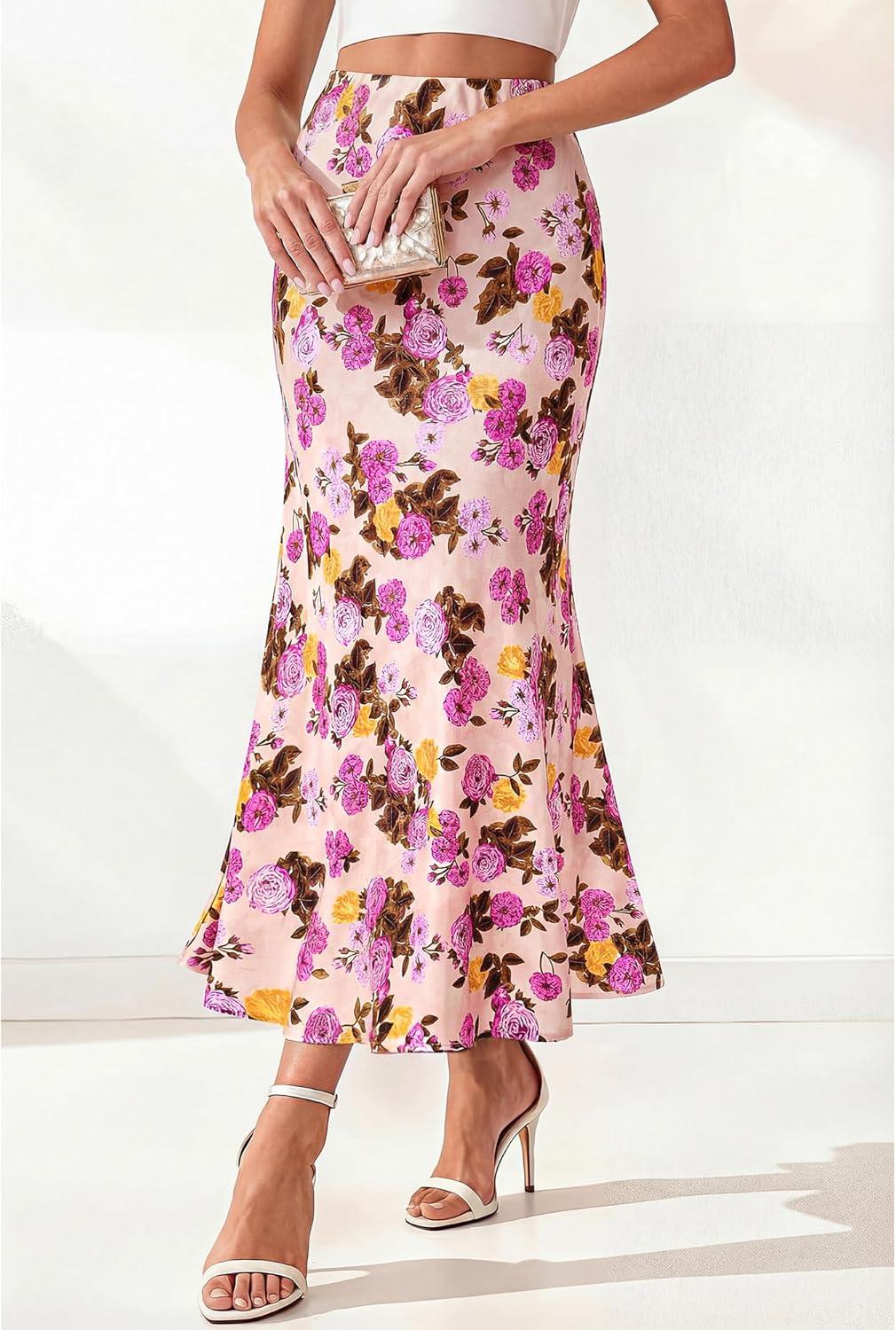 imageBTFBM Satin Skirts for Women Trendy Spring Summer 2026 High Waisted Leopard Print Cocktail Wedding Long Silk Midi SkirtFloral Pink