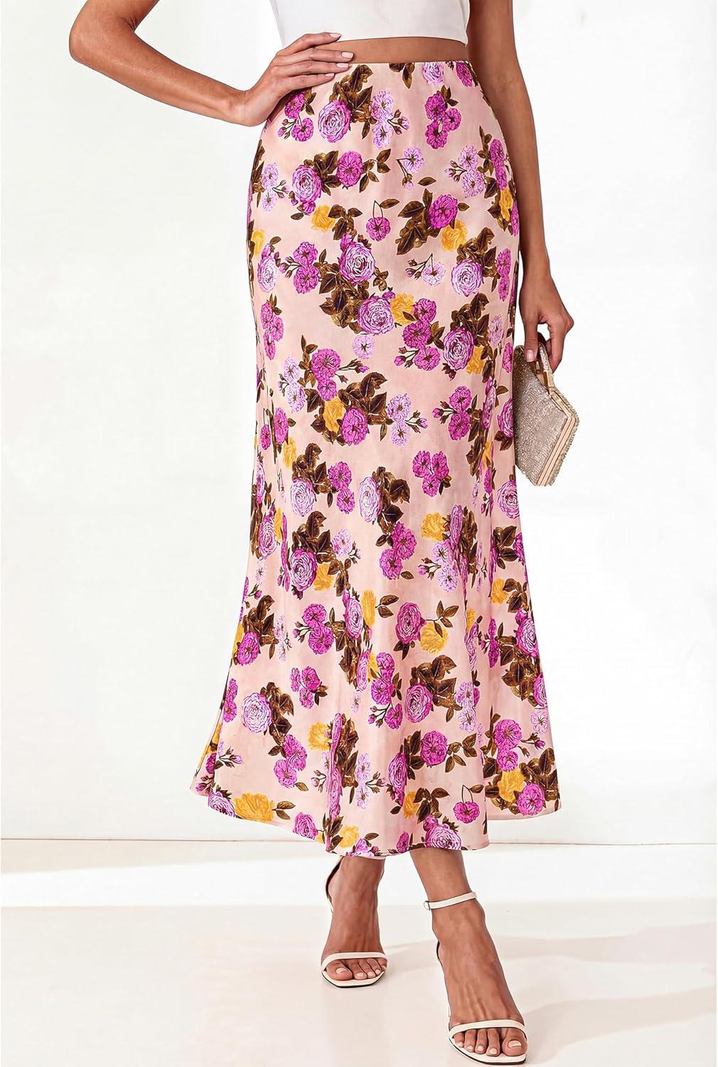 imageBTFBM Satin Skirts for Women Trendy Spring Summer 2026 High Waisted Leopard Print Cocktail Wedding Long Silk Midi SkirtFloral Pink