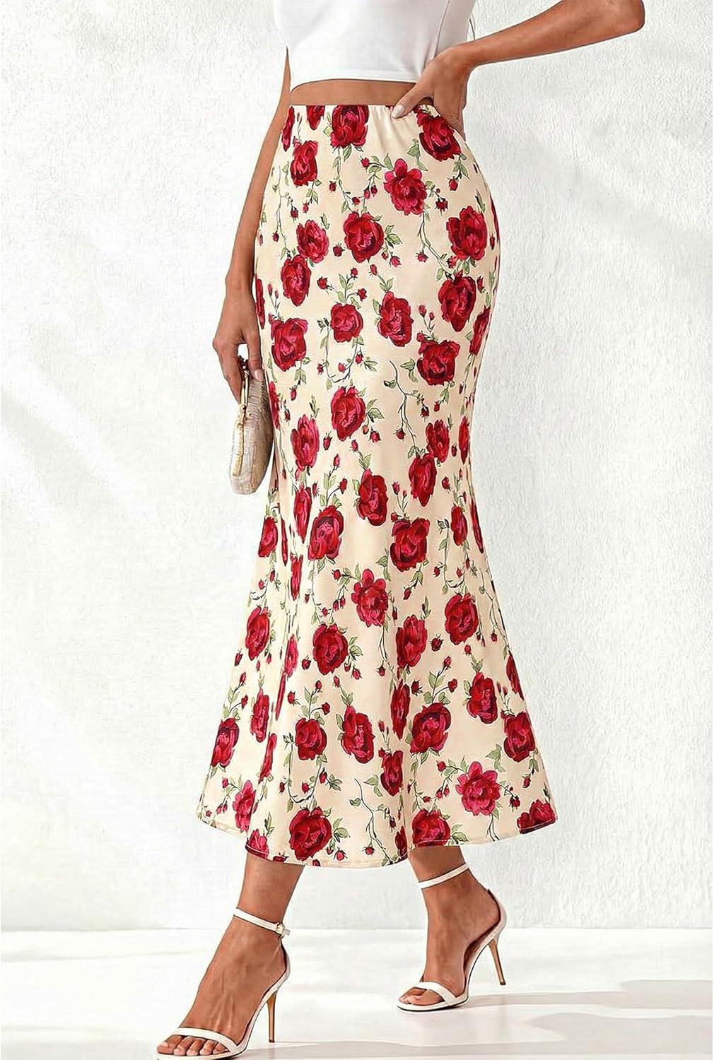 imageBTFBM Satin Skirts for Women Trendy Spring Summer 2026 High Waisted Leopard Print Cocktail Wedding Long Silk Midi SkirtFloral Red