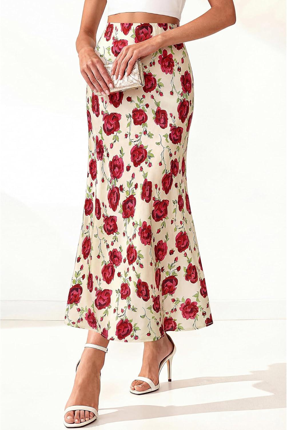 imageBTFBM Satin Skirts for Women Trendy Spring Summer 2026 High Waisted Leopard Print Cocktail Wedding Long Silk Midi SkirtFloral Red