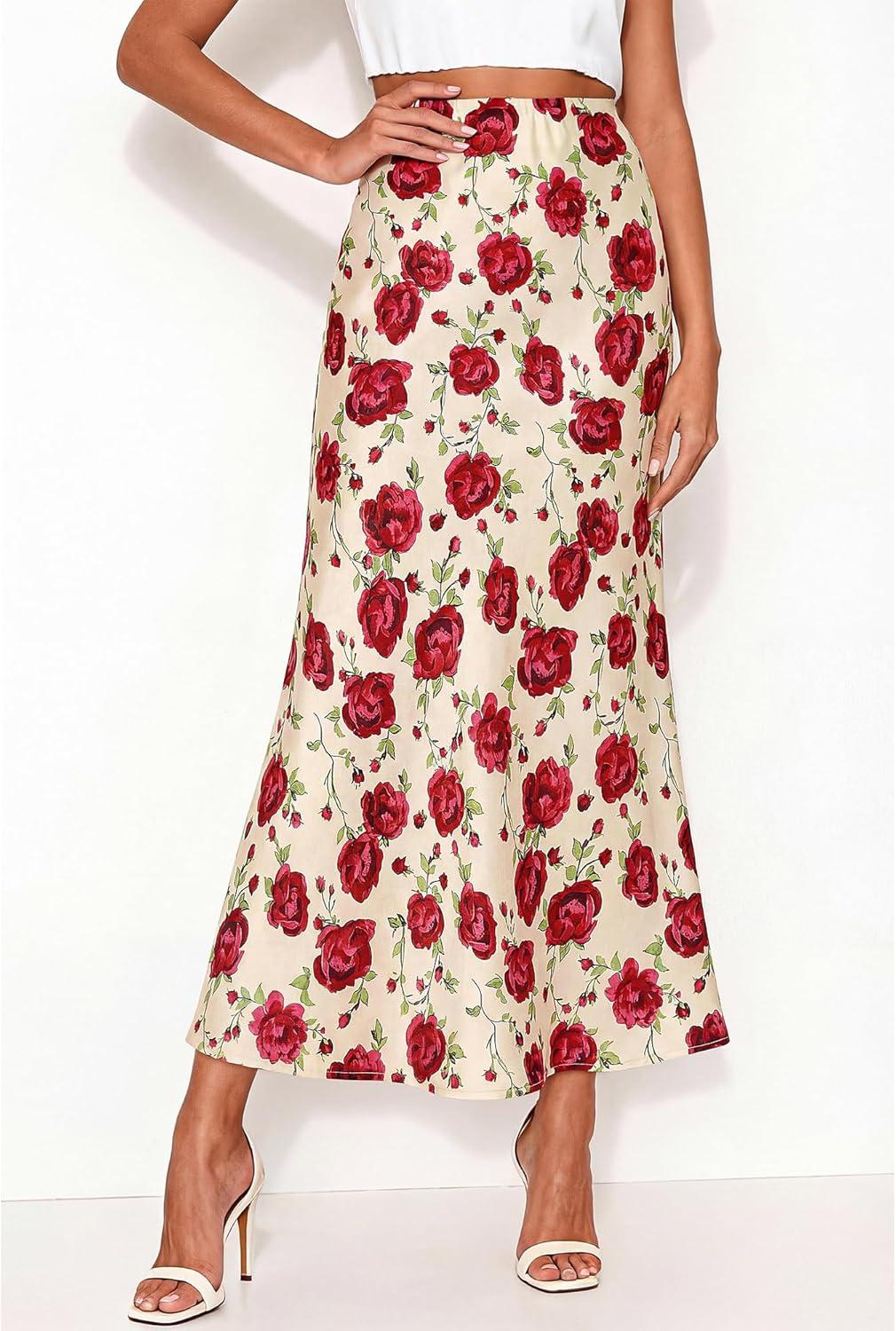 imageBTFBM Satin Skirts for Women Trendy Spring Summer 2026 High Waisted Leopard Print Cocktail Wedding Long Silk Midi SkirtFloral Red