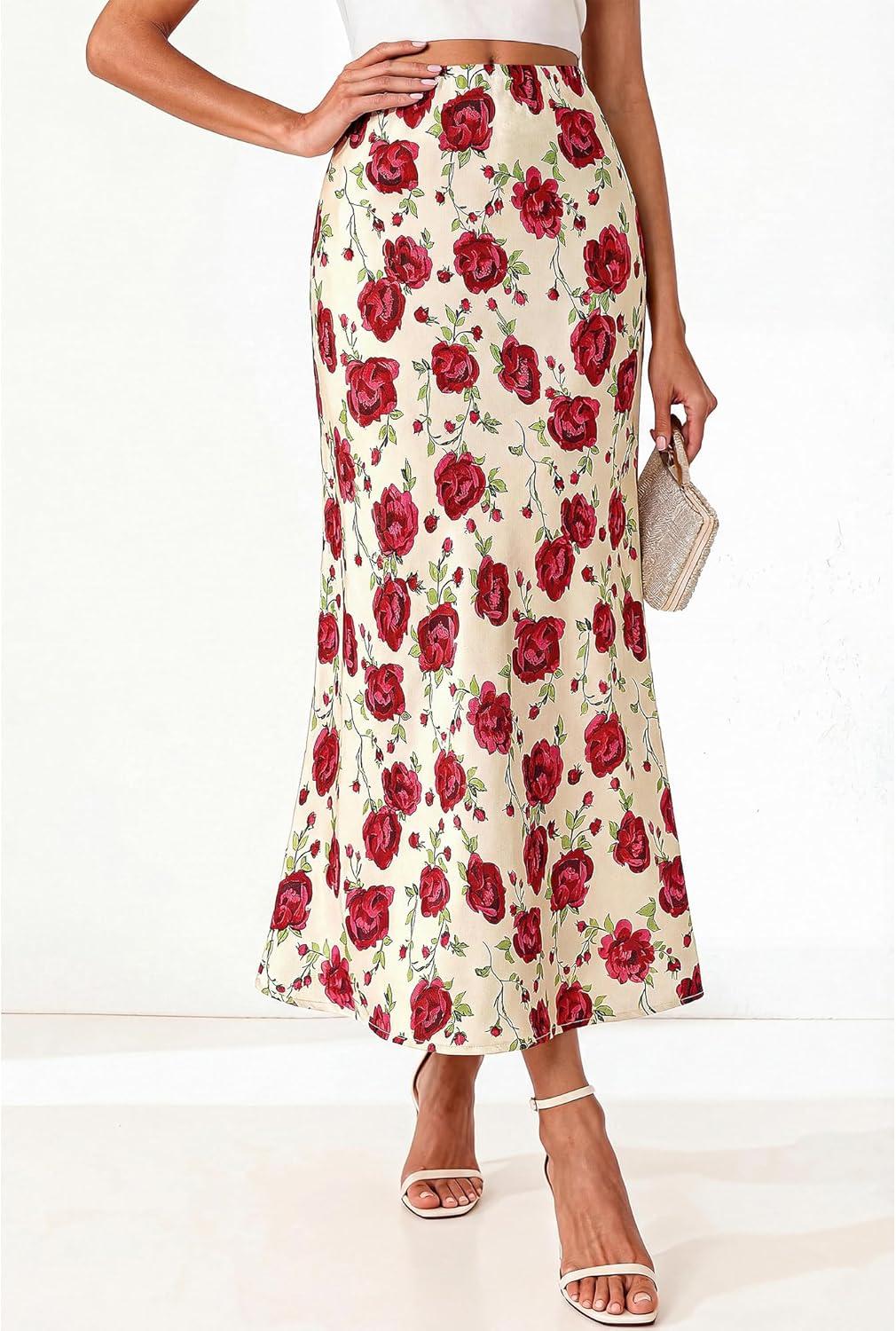 imageBTFBM Satin Skirts for Women Trendy Spring Summer 2026 High Waisted Leopard Print Cocktail Wedding Long Silk Midi SkirtFloral Red
