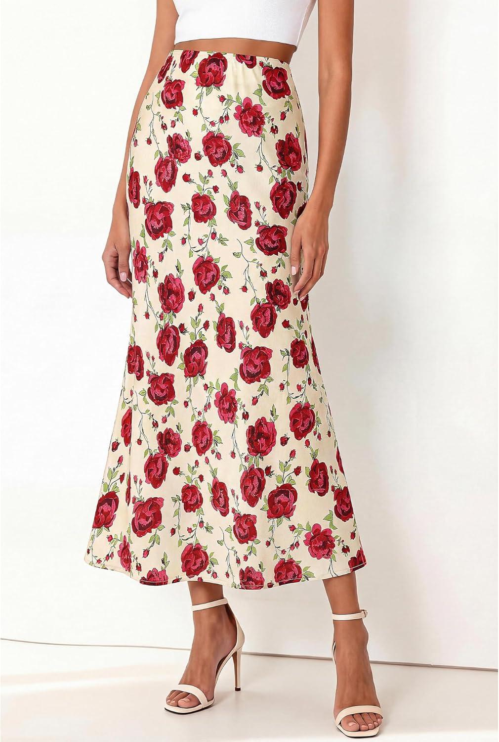 imageBTFBM Satin Skirts for Women Trendy Spring Summer 2026 High Waisted Leopard Print Cocktail Wedding Long Silk Midi SkirtFloral Red