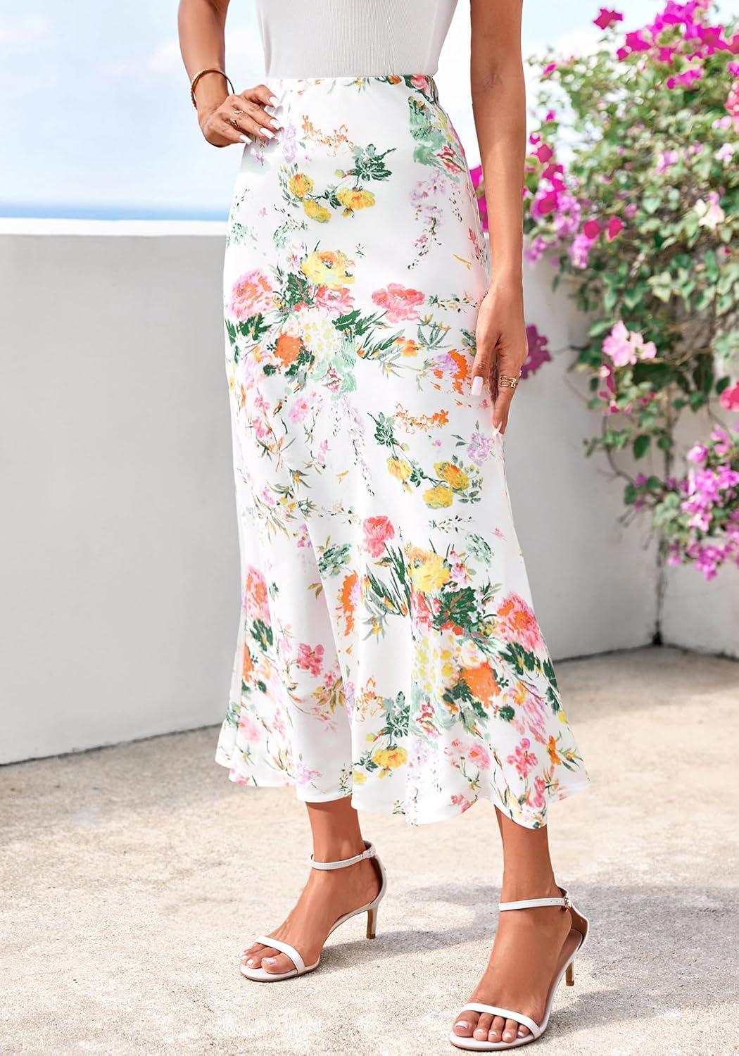 imageBTFBM Satin Skirts for Women Trendy Spring Summer 2026 High Waisted Leopard Print Cocktail Wedding Long Silk Midi SkirtFloral White