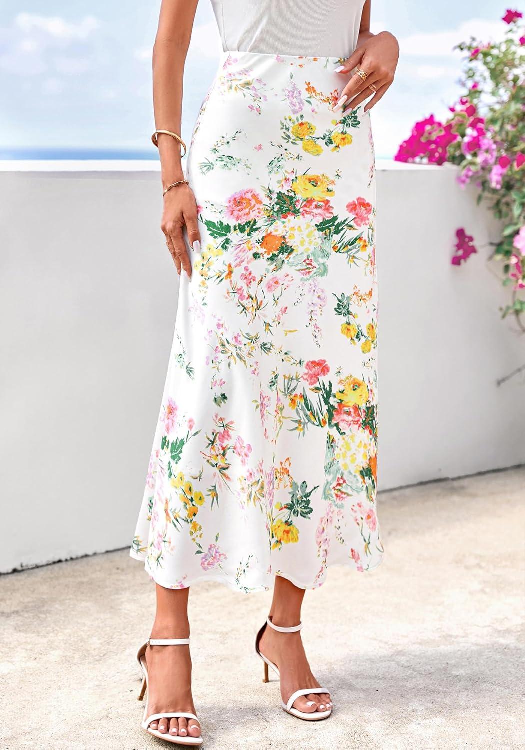 imageBTFBM Satin Skirts for Women Trendy Spring Summer 2026 High Waisted Leopard Print Cocktail Wedding Long Silk Midi SkirtFloral White