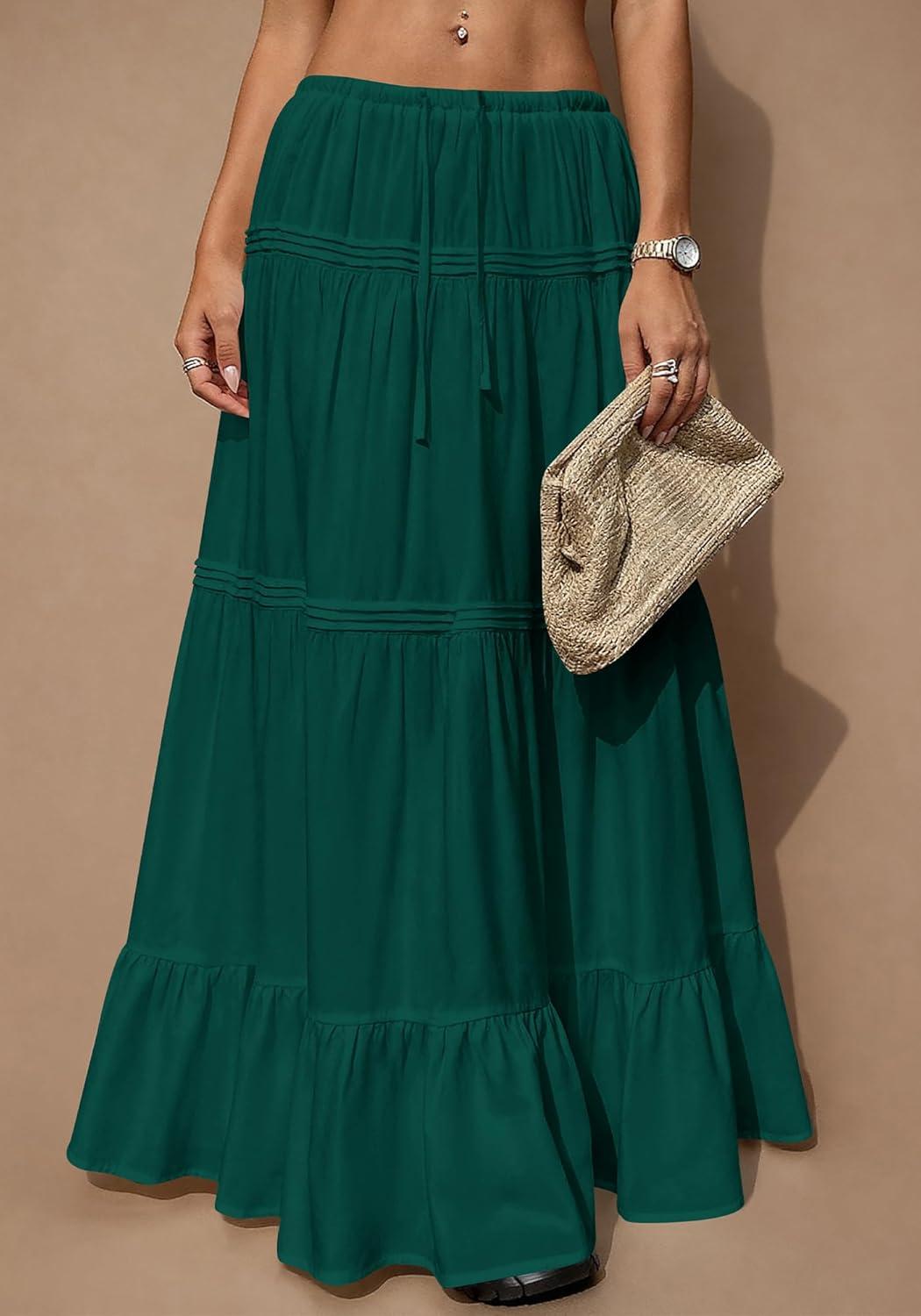 imageBTFBM Skirts for Women 2026 Summer Boho Beach Vacation Clothes Casual Pleated High Waisted Flowy Maxi SkirtGreen