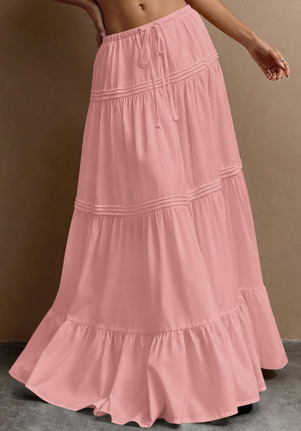 imageBTFBM Skirts for Women 2026 Summer Boho Beach Vacation Clothes Casual Pleated High Waisted Flowy Maxi SkirtPink