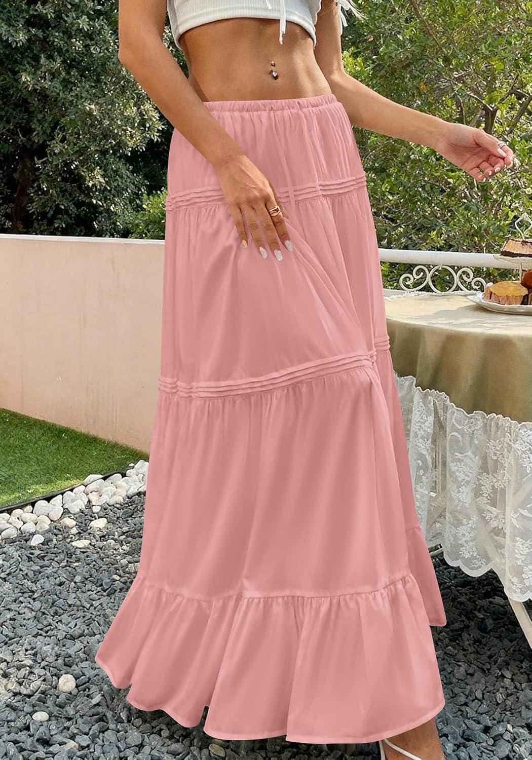 imageBTFBM Skirts for Women 2026 Summer Boho Beach Vacation Clothes Casual Pleated High Waisted Flowy Maxi SkirtPink
