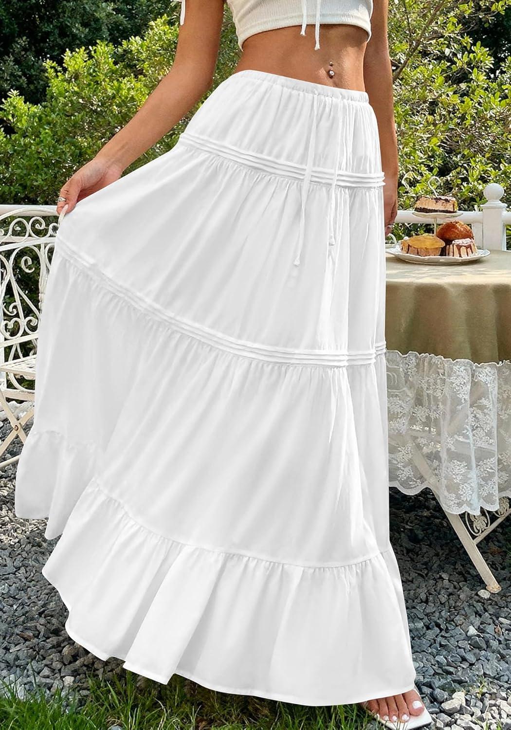 imageBTFBM Skirts for Women 2026 Summer Boho Beach Vacation Clothes Casual Pleated High Waisted Flowy Maxi SkirtWhite